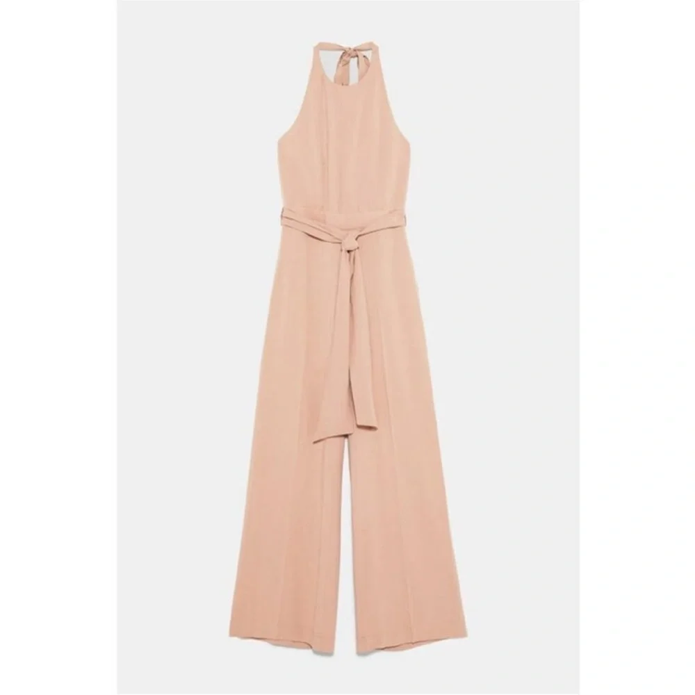 NWT Zara Mauve Viscose Linen Blend Wide Leg Sleeveless Halter Jumpsuit Pockets L